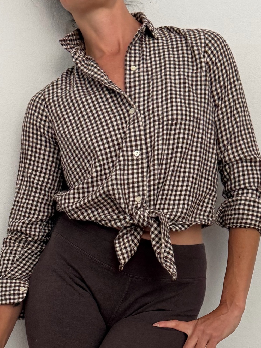 Madewell Brown and White Gingham Button-Down Shirt Tie at Waist Flannel Cotton